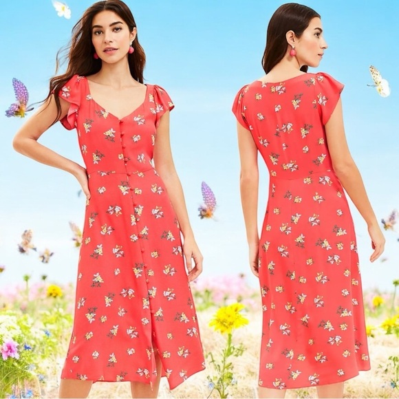 NEW LOFT Ann Taylor Floral Crop Ruffle Sleeve Midi Dress Summer Spring Size 4P - Picture 1 of 10